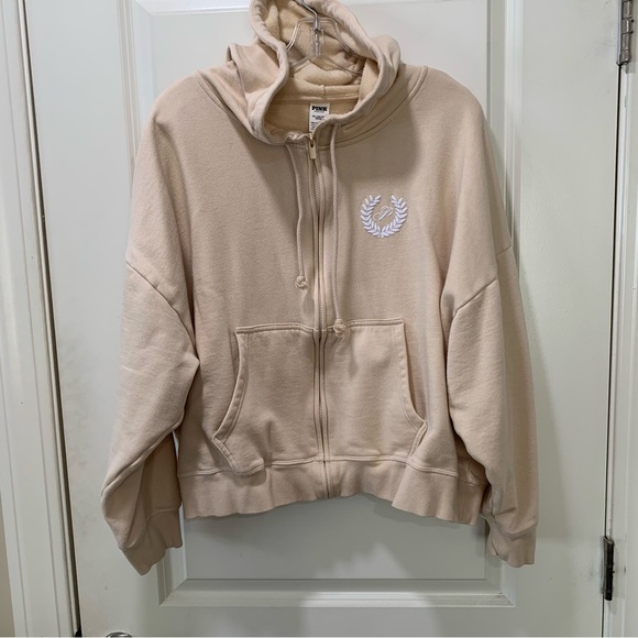 PINK Victoria's Secret Tops - Victoria's Secret Pink Zip Up With Design Tan Hoodie